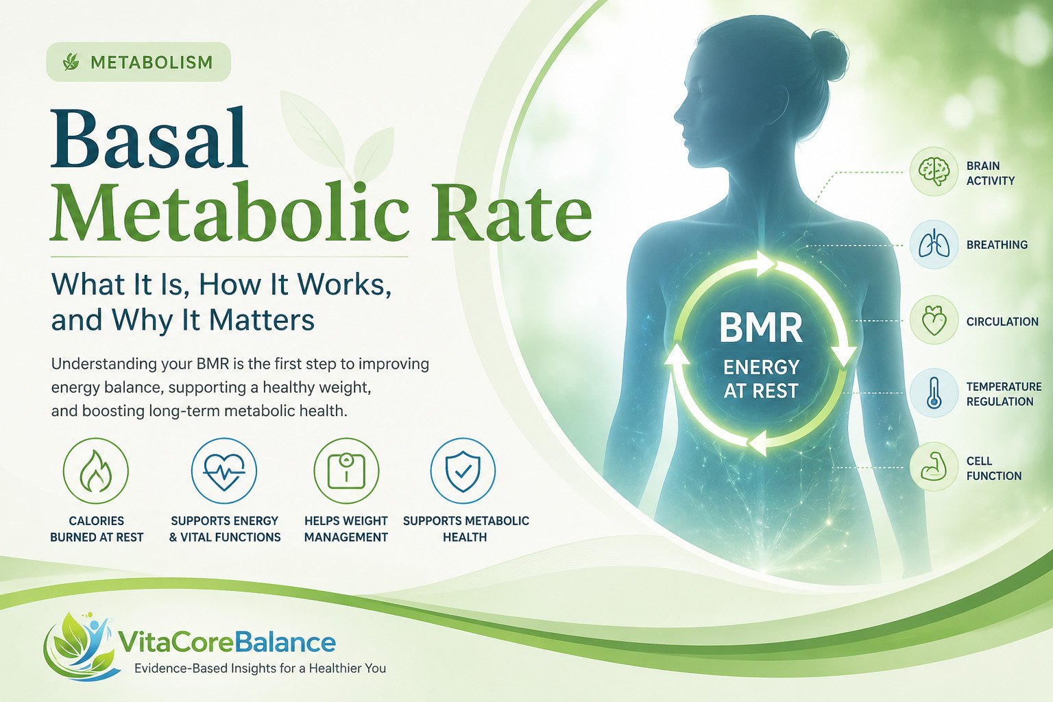 basal metabolic rate concept showing energy use at rest and body functions like breathing circulation and temperature regulation