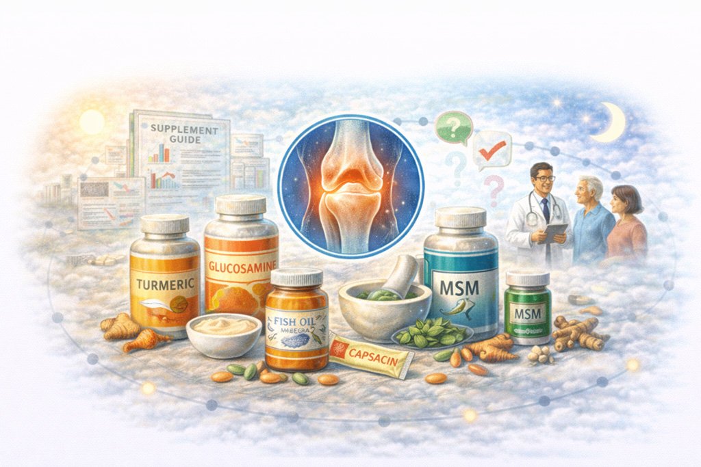 Illustration representing supplements commonly used to support joint health, including vitamins, minerals, and evidence-based nutritional options
