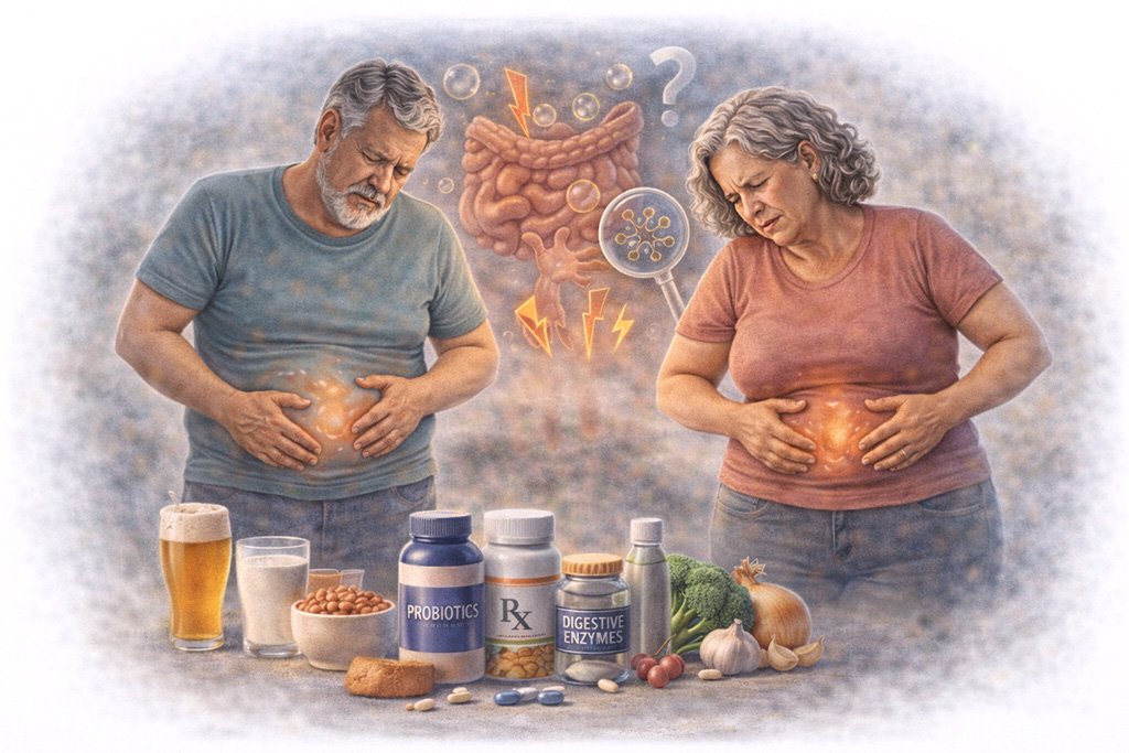 Bloating symptoms including abdominal swelling, gas buildup, and digestive discomfort after meals