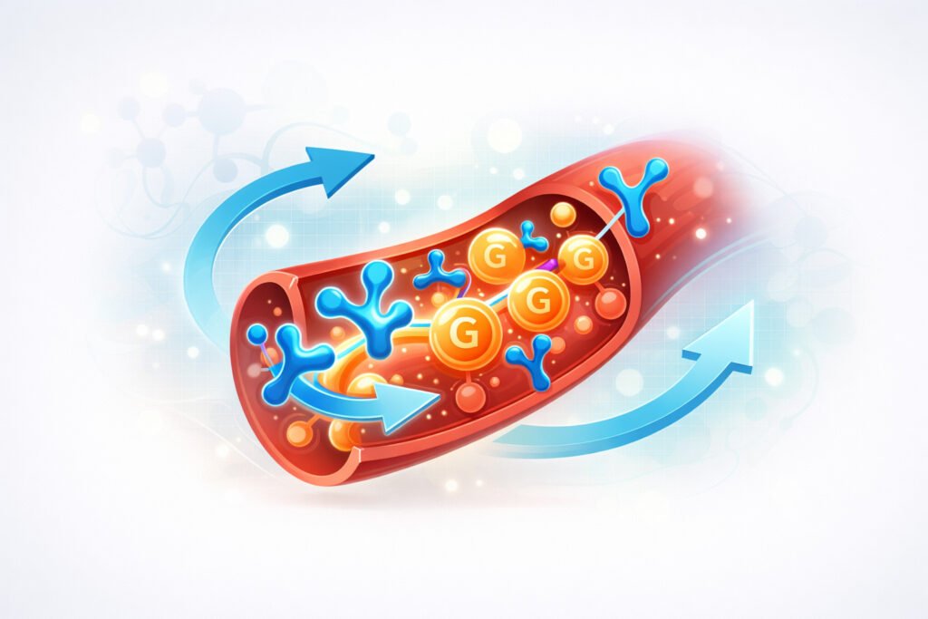 Illustration of glucose molecules and blood vessel representing blood sugar regulation and metabolic balance in the human body
