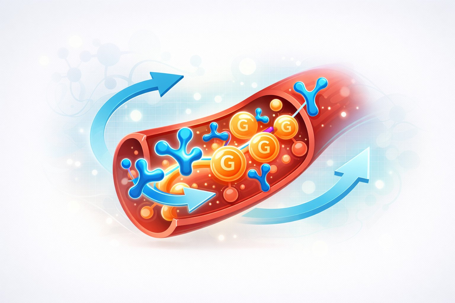 Illustration of glucose molecules and blood vessel representing blood sugar regulation and metabolic balance in the human body