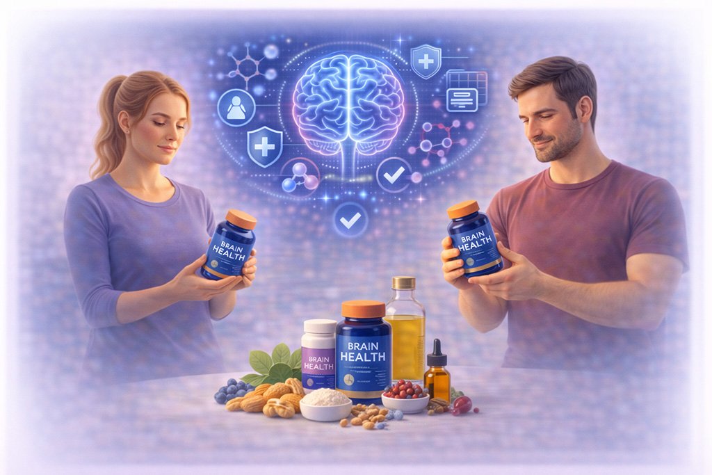 Young adults holding brain health supplements with ingredients and symbols representing memory, focus and cognitive function support