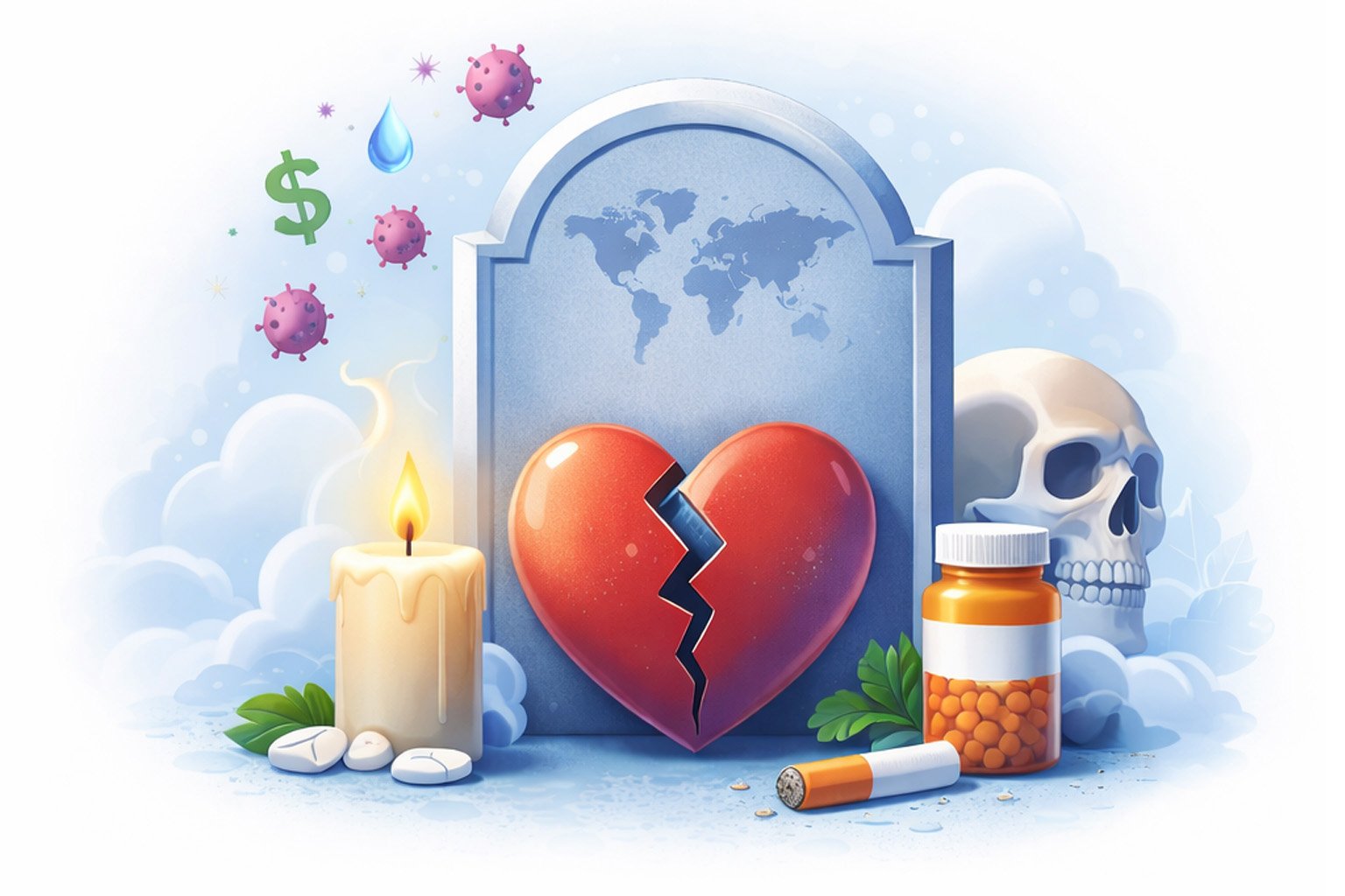 Illustration showing major global causes of death, including heart disease, infections, and lifestyle risk factors.