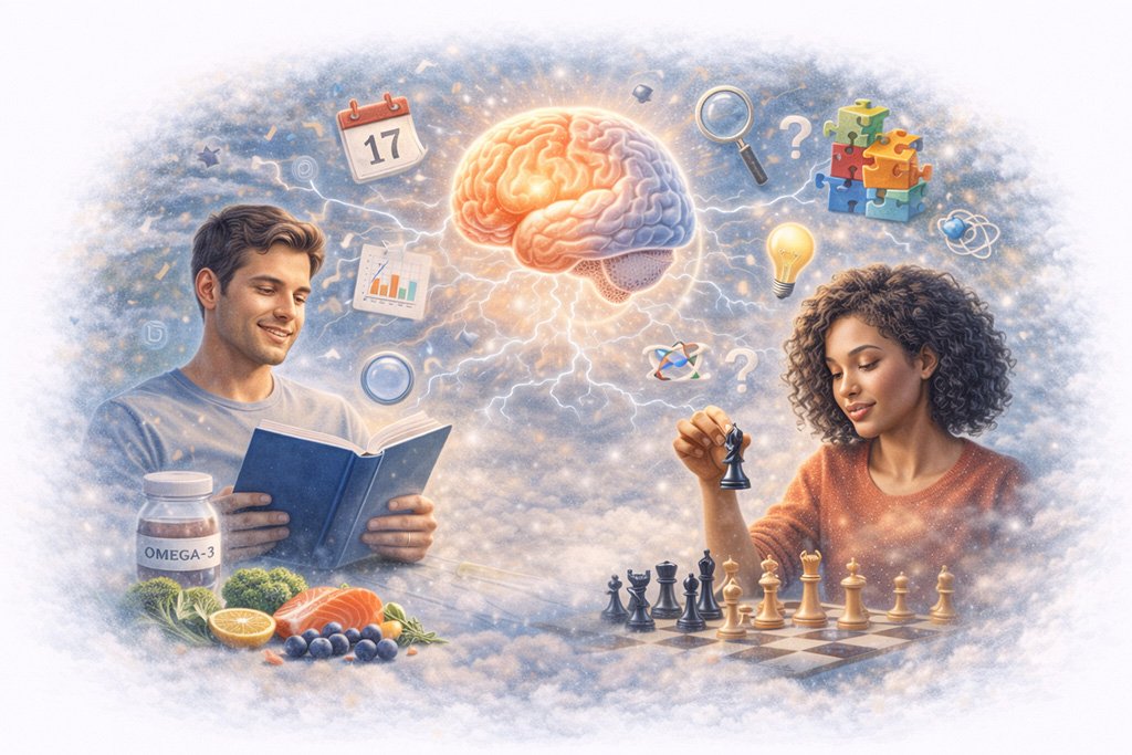 Illustration showing cognitive function, memory, learning, and brain health supported by mental activities and healthy nutrition.