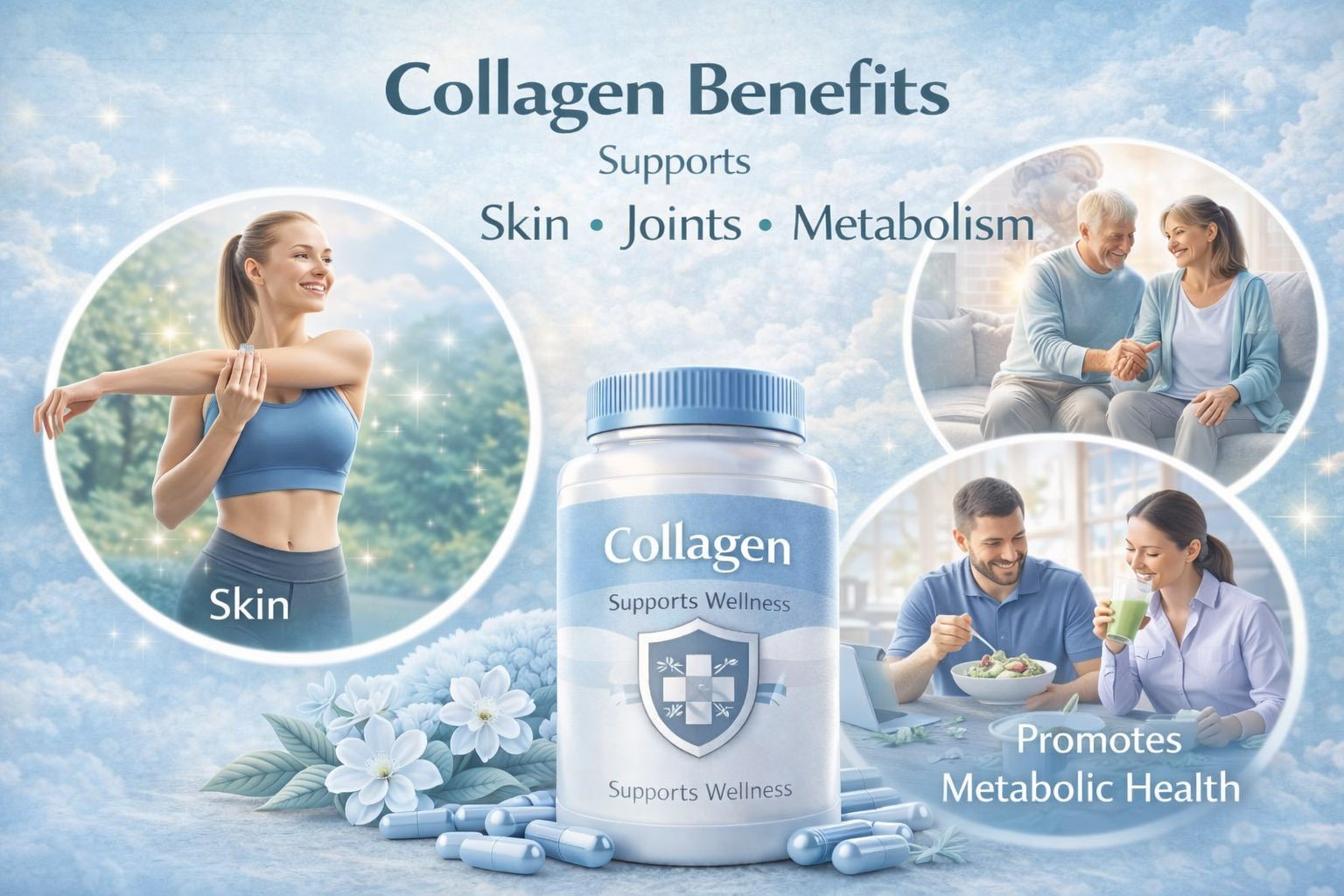 Illustration showing collagen supplement benefits for skin, joints, bones, and overall structural health