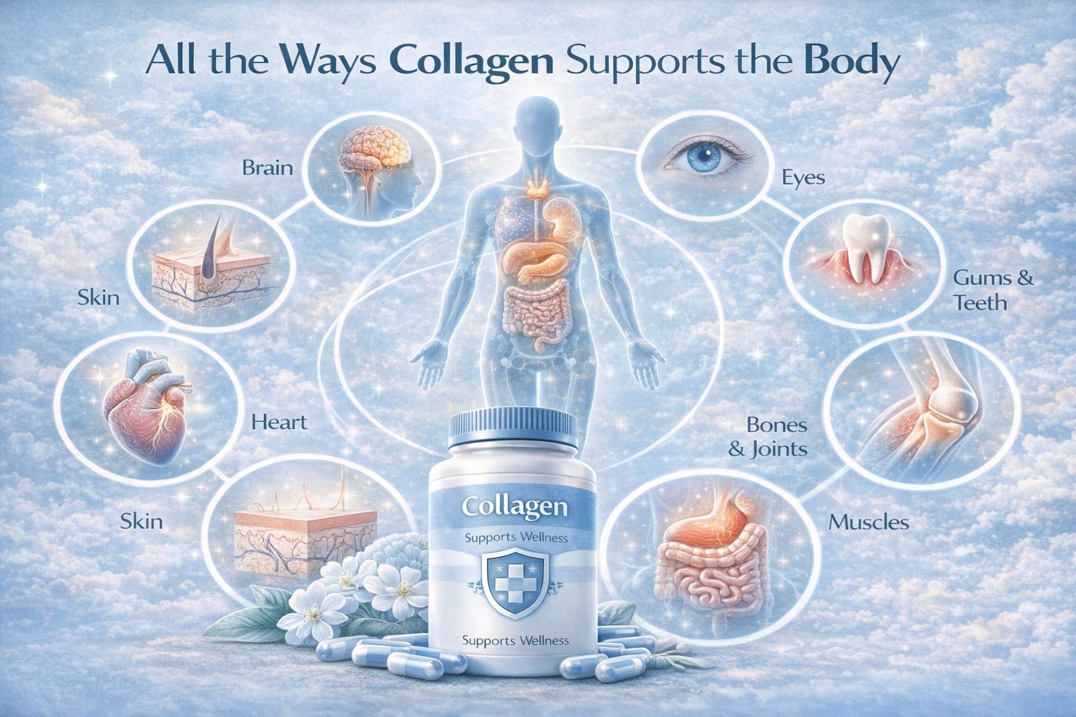 Illustration showing collagen supplement supporting skin, joints, muscles, and overall body structural health