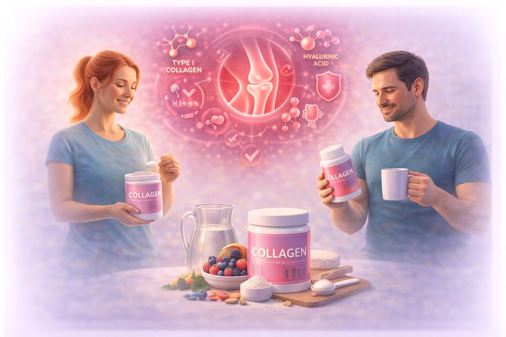 Young adults preparing collagen supplements with ingredients and symbols representing joint structure, connective tissue and cartilage support