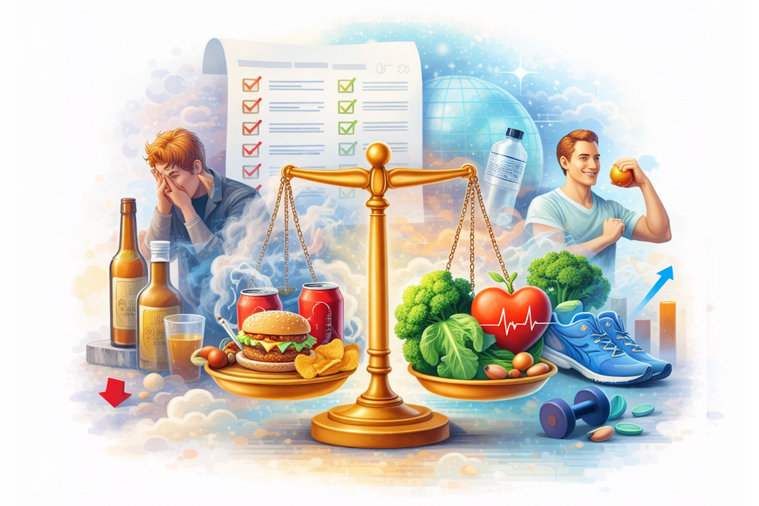 Illustration comparing health risks and lifestyle factors, showing healthy and unhealthy habits affecting overall health outcomes.