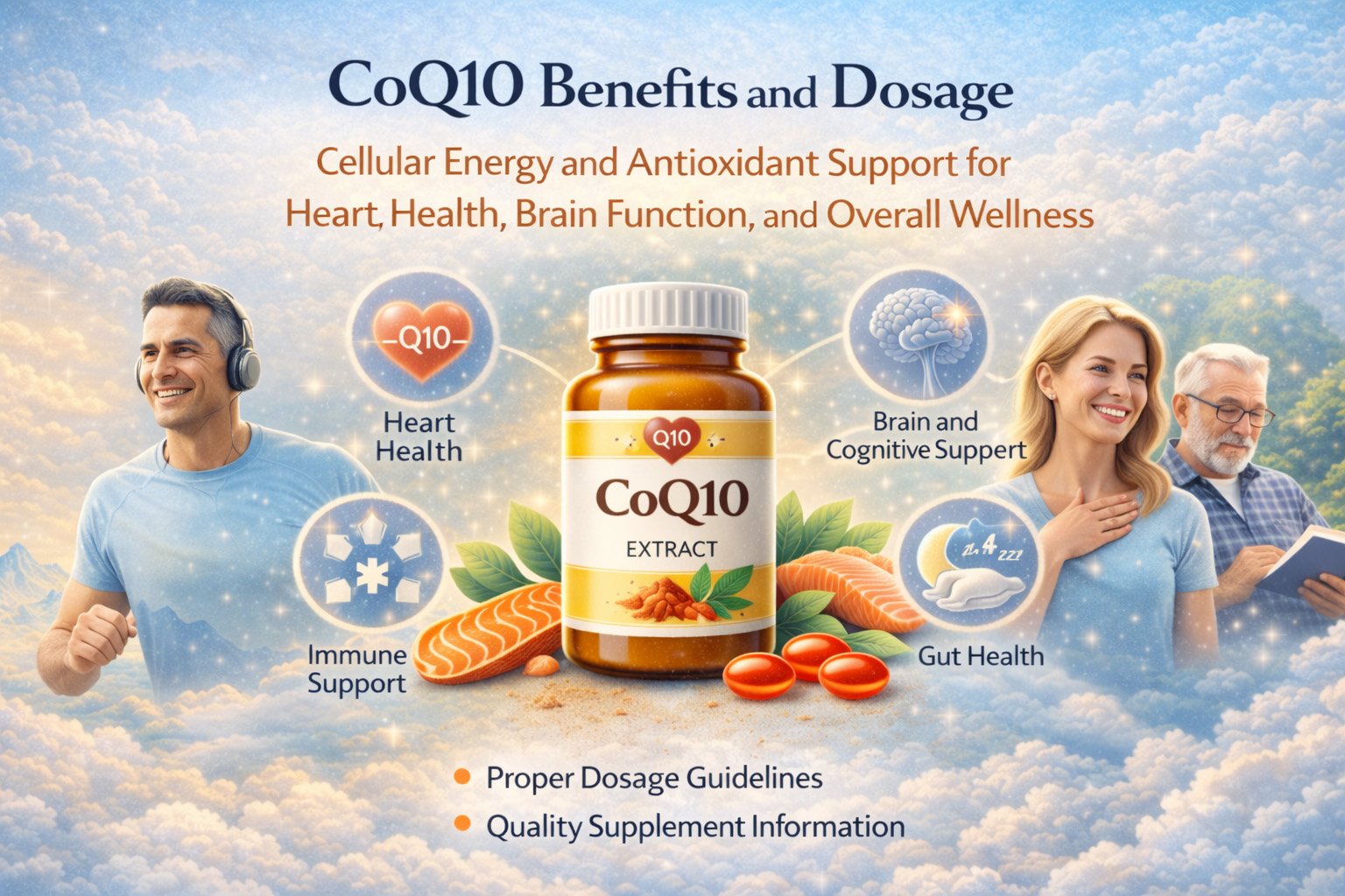 CoQ10 supplement benefits illustration showing active people exercising, supporting heart health, energy production, brain function, immune support, and overall wellness