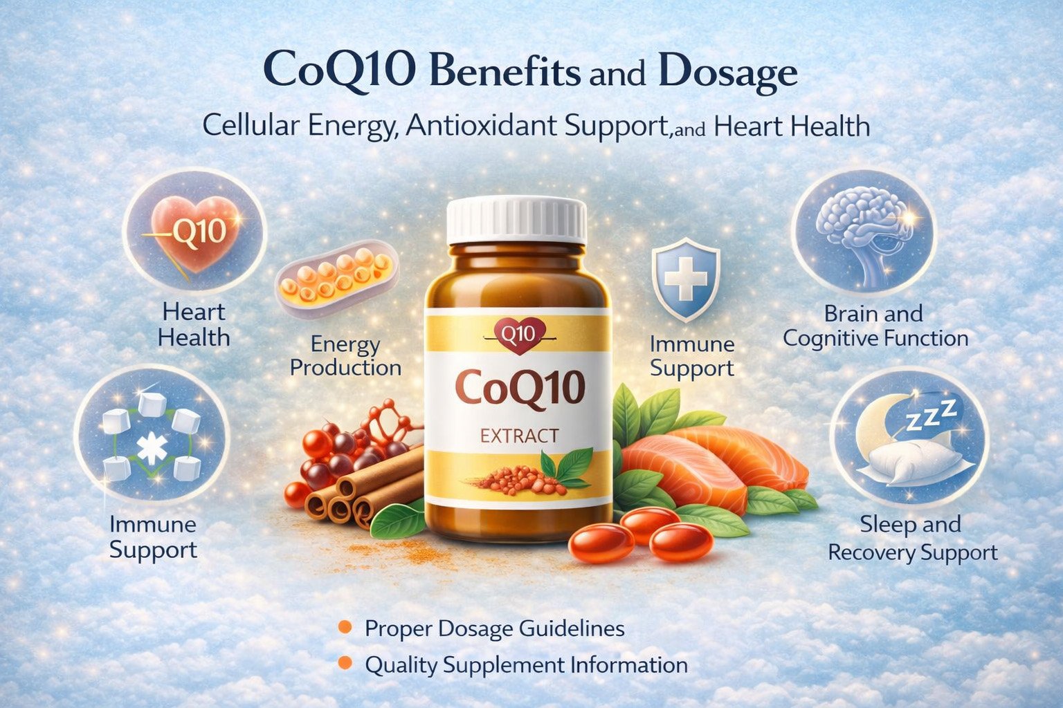 CoQ10 dosage and safety infographic showing recommended intake levels, supplement guidance, and health support information