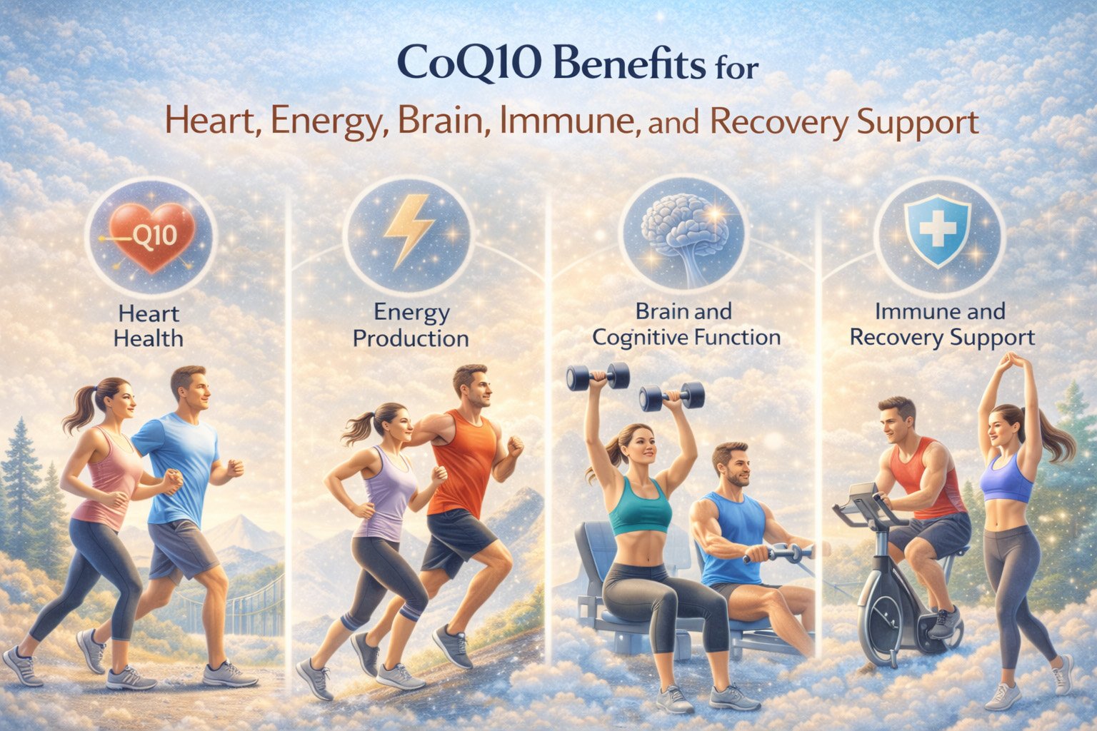 CoQ10 supplement benefits illustration showing people running and exercising, supporting heart health, energy production, brain function, immune support, and recovery