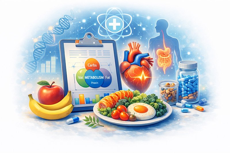 Illustration showing core health topics including nutrition, metabolism, heart health, and essential wellness factors.