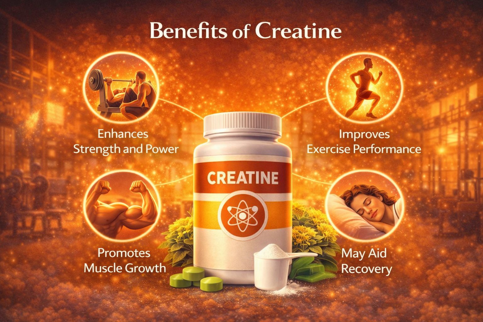 Infographic showing key benefits of creatine including increased muscle strength, power output, improved exercise performance, and muscle growth support