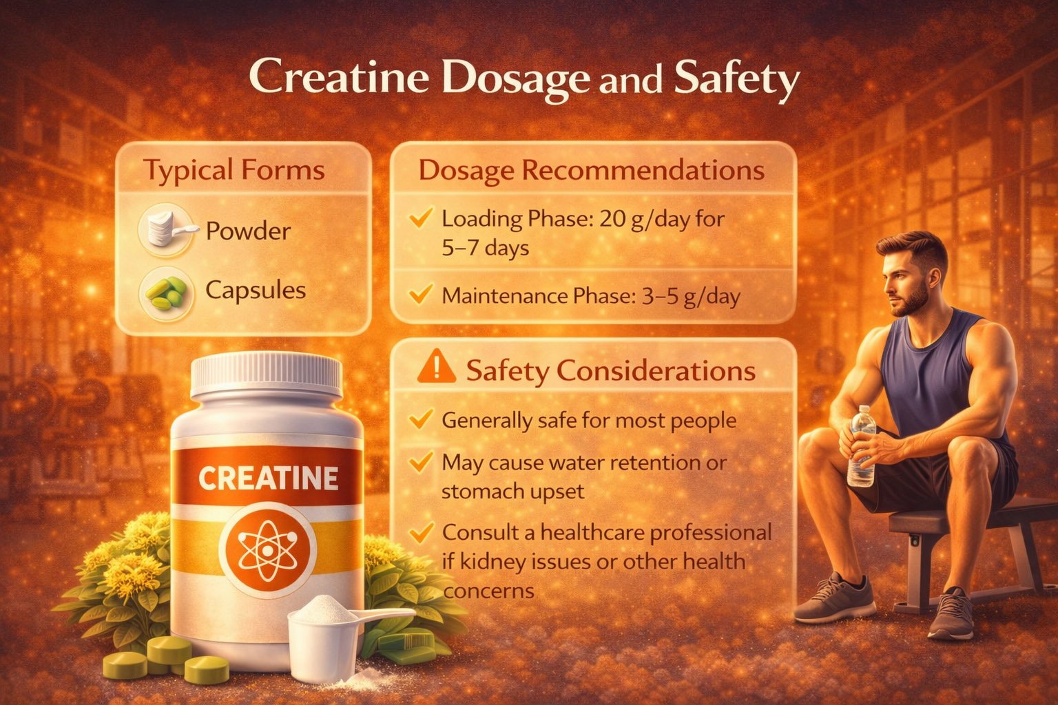 Infographic showing creatine dosage recommendations, safety guidelines, and proper supplement use for strength and athletic performance
