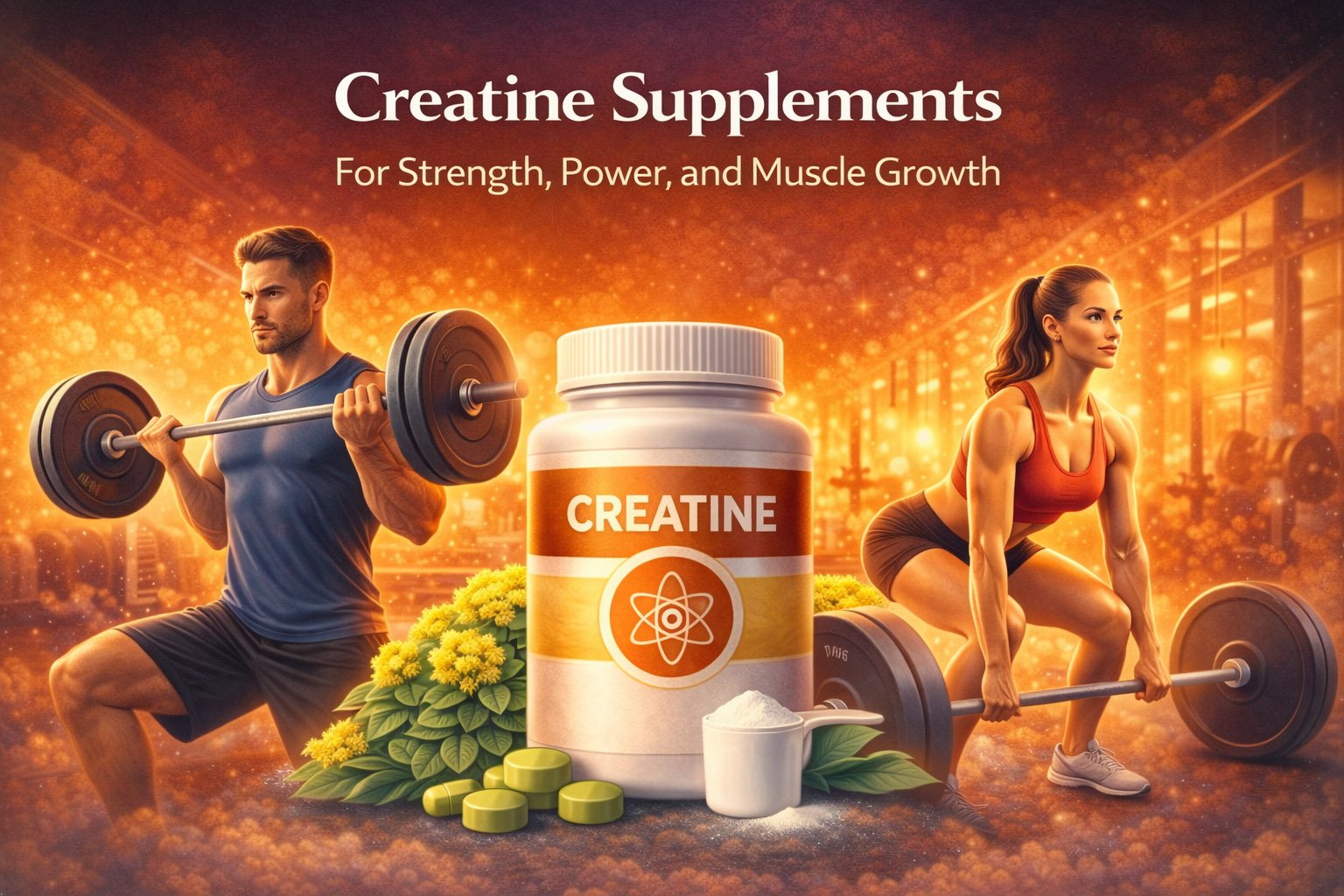Creatine supplement infographic showing benefits for muscle strength, power output, athletic performance, and muscle growth
