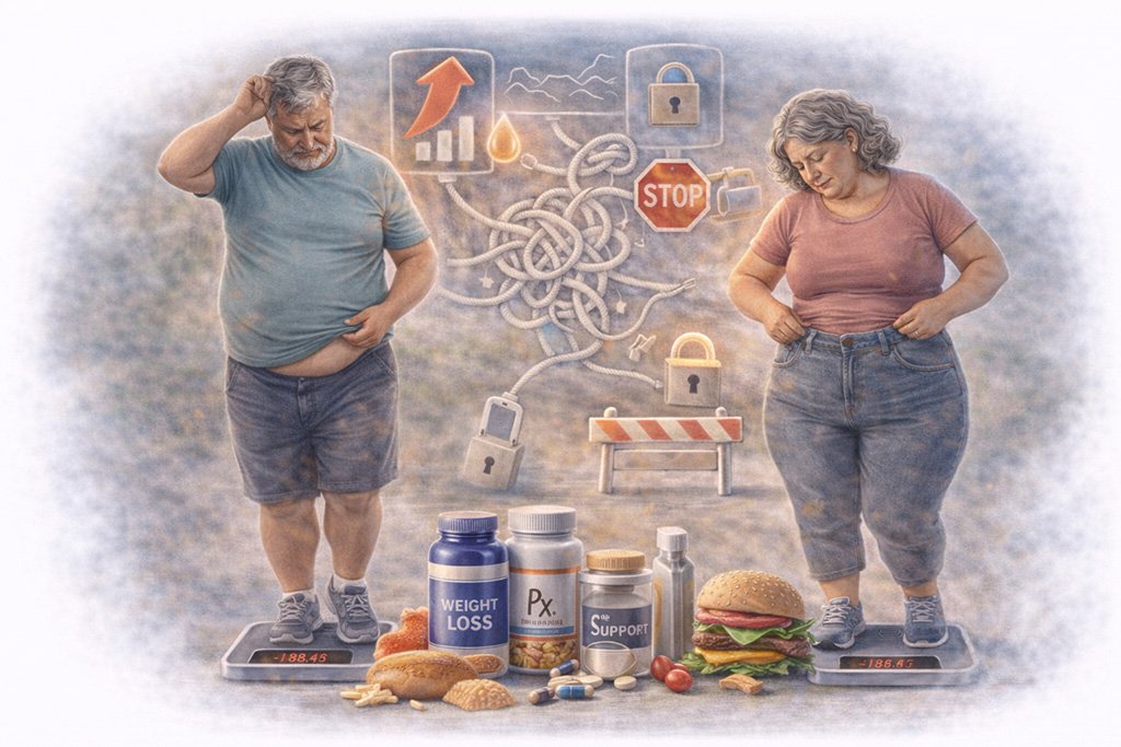 Difficulty losing weight despite diet and exercise, including slow progress and challenges with body fat reduction