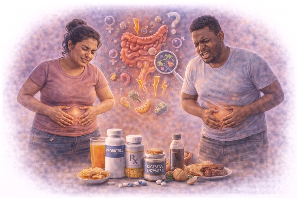 Digestive discomfort symptoms with diverse adults experiencing stomach pain and digestive issues
