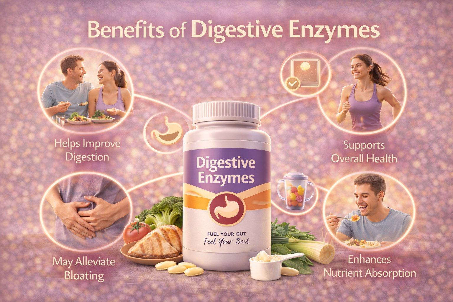 Infographic showing key benefits of digestive enzymes including improved digestion, nutrient absorption, reduced bloating, and digestive comfort