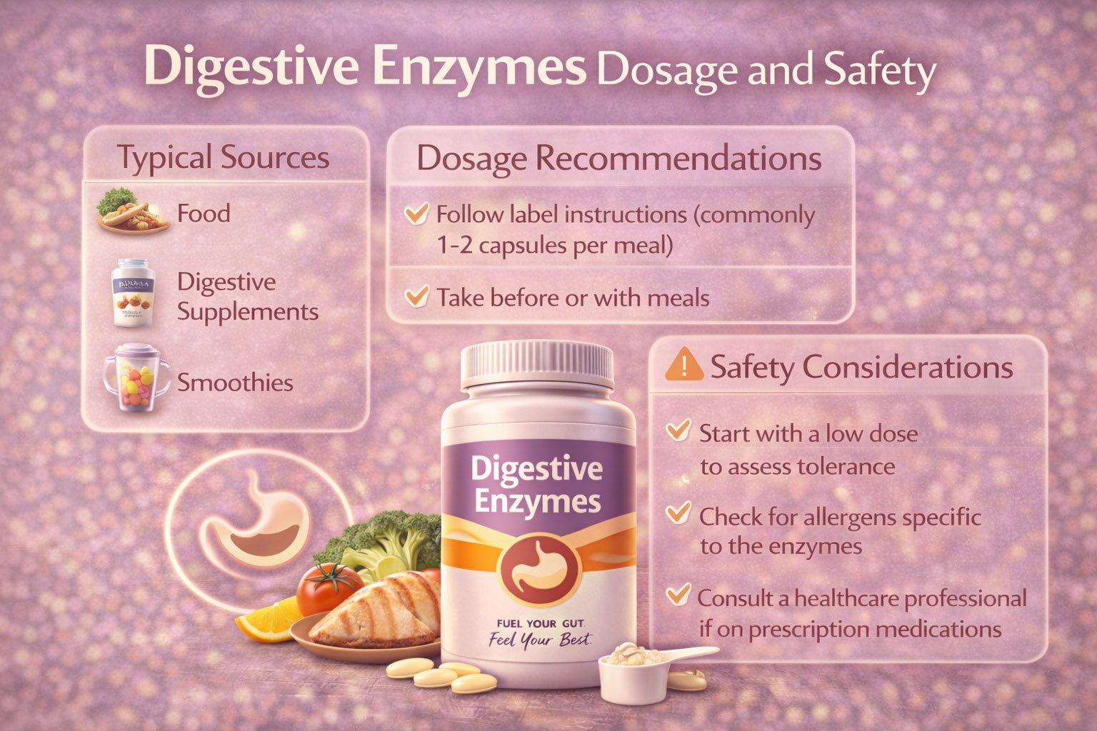 Infographic showing digestive enzymes dosage recommendations, safety guidelines, and proper supplement use for digestion and nutrient absorption support