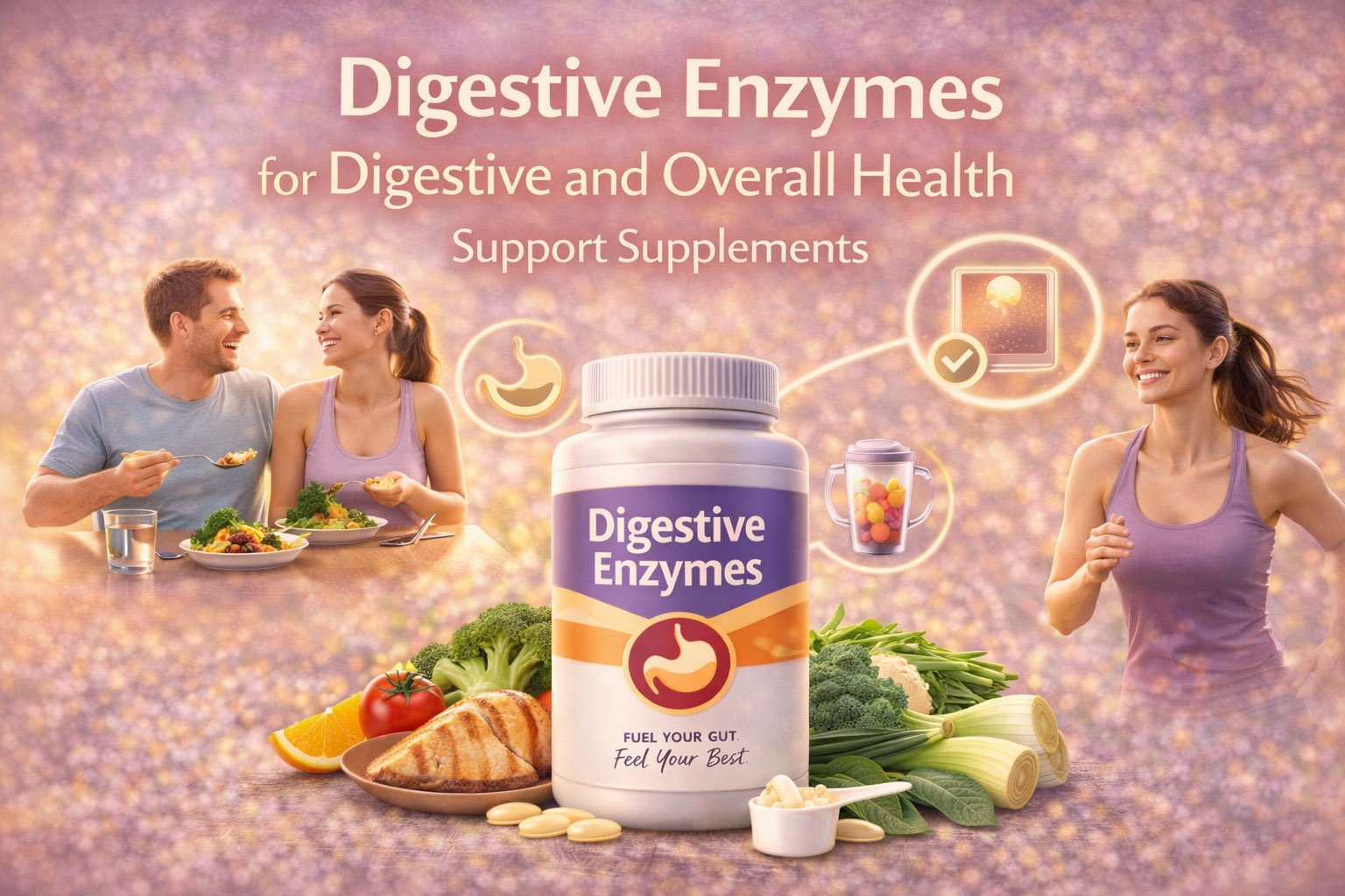 Digestive enzymes supplement infographic showing benefits for digestion support, nutrient absorption, reduced bloating, and digestive comfort