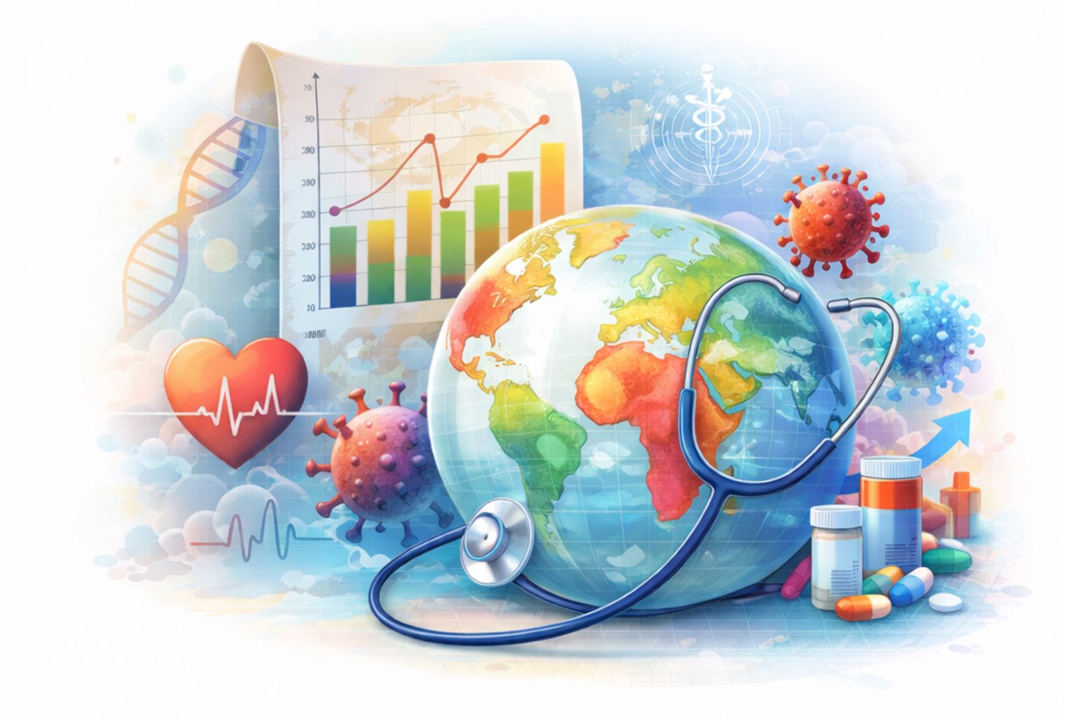 Illustration showing global disease prevalence and health trends, with world map, medical data, and population health patterns.