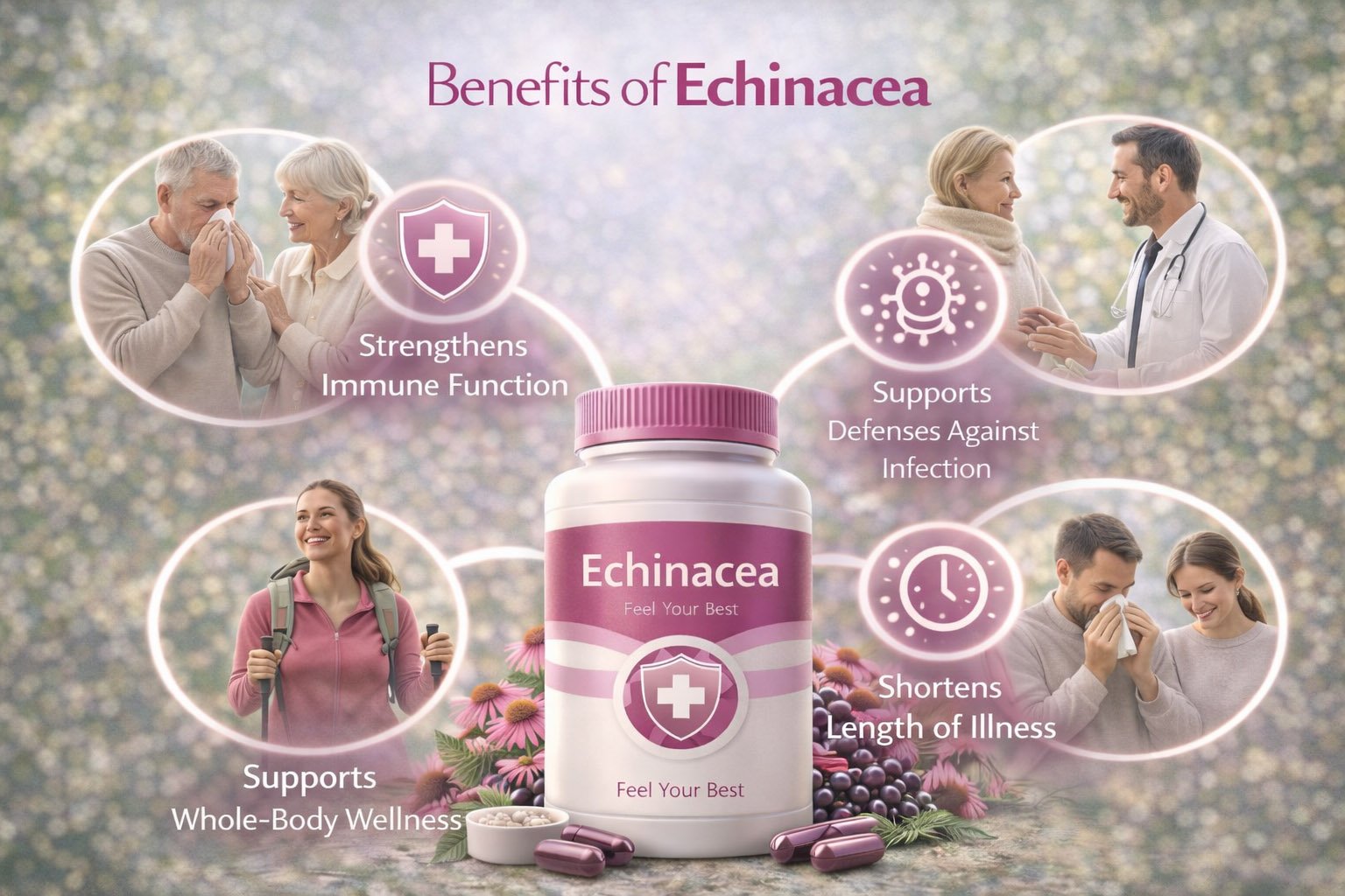 Infographic showing key benefits of echinacea including immune support, infection defense, respiratory health, and overall wellness