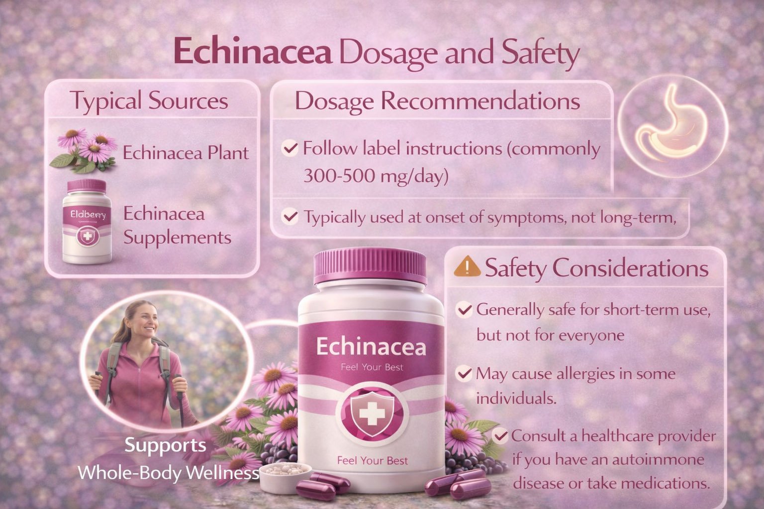 Infographic showing echinacea dosage recommendations, safety guidelines, and proper supplement use for immune support