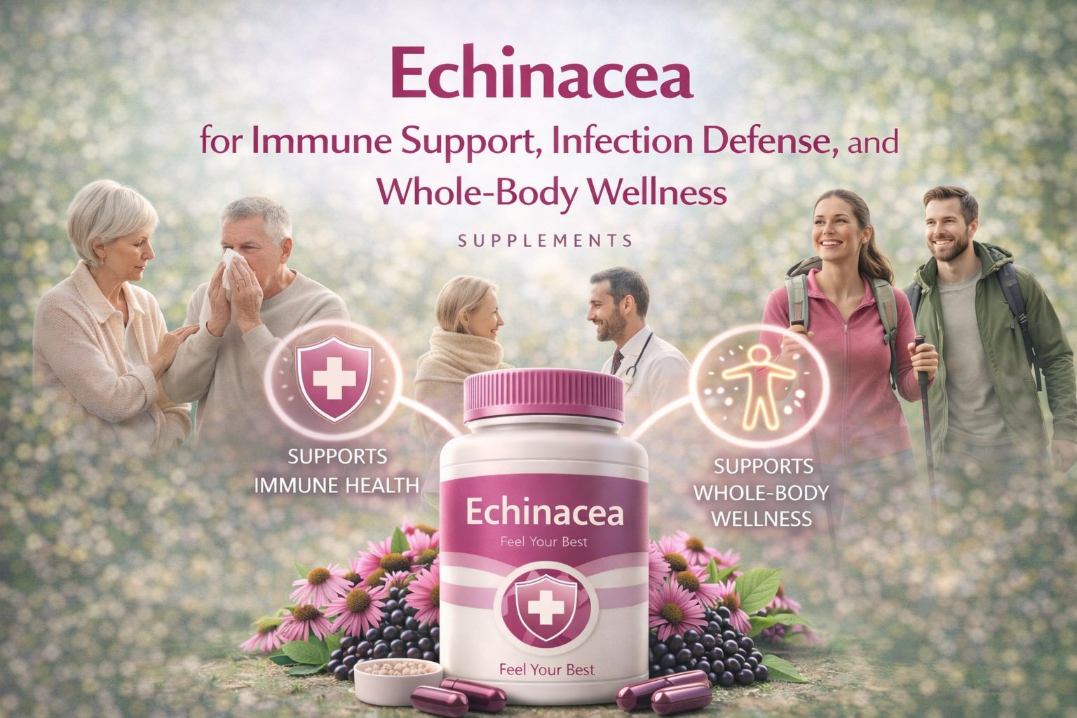 Echinacea supplement infographic showing benefits for immune support, infection defense, respiratory health, and overall wellness