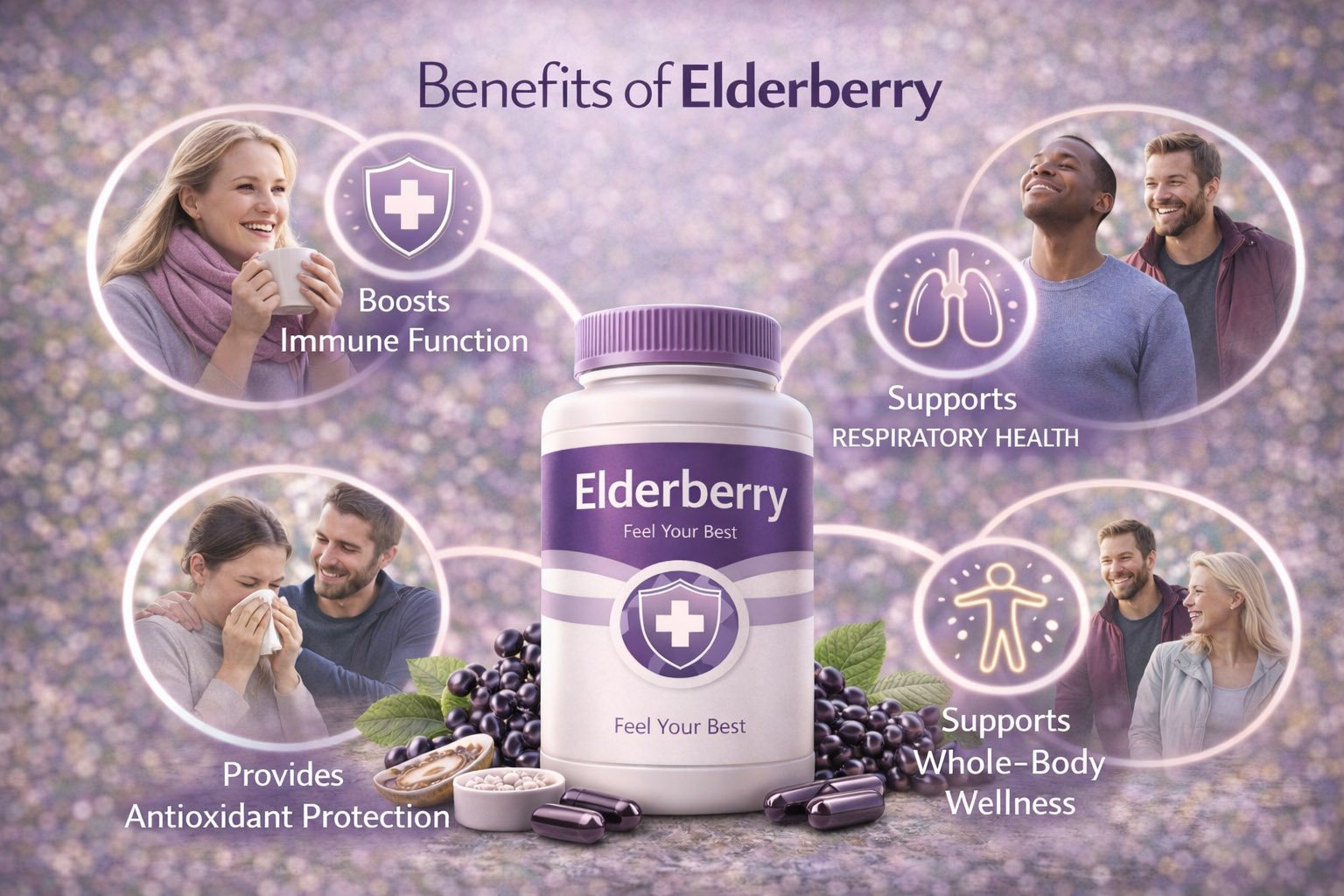 Infographic showing key benefits of elderberry including immune support, respiratory health, antioxidant protection, and seasonal wellness