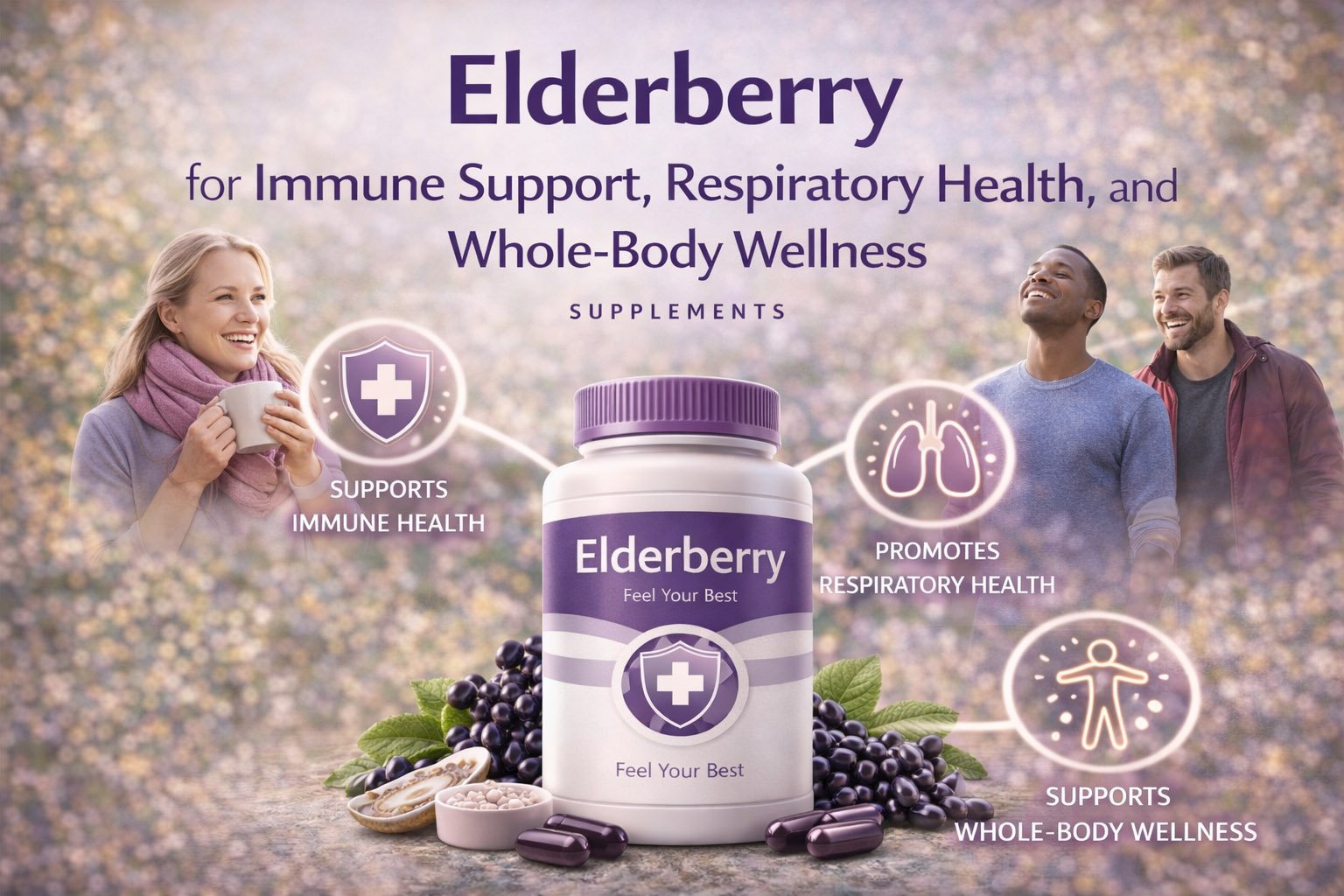 Elderberry supplement infographic showing benefits for immune support, respiratory health, antioxidant protection, and overall wellness