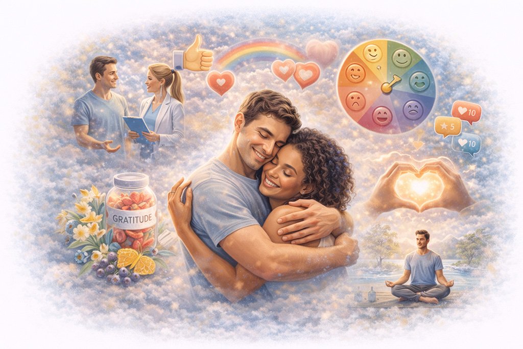 Emotional well-being concepts including relationships, mindfulness, and positive mental health practices