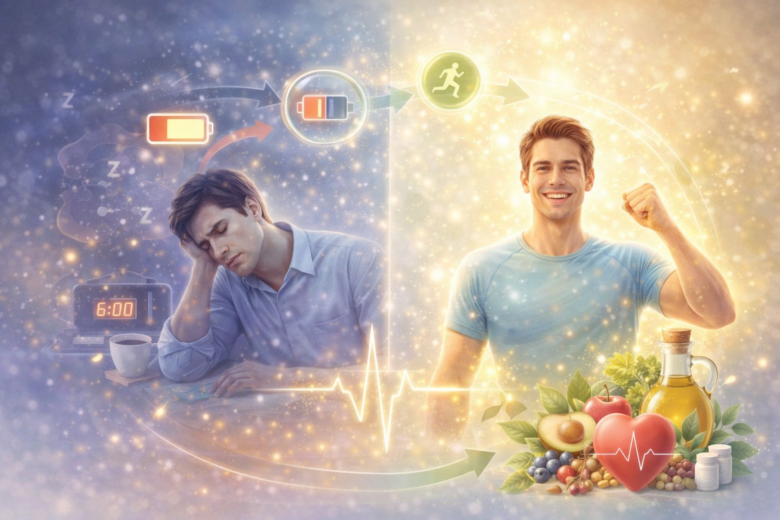Energy and fatigue concept showing a tired person transitioning to higher energy through healthy lifestyle habits like nutrition and physical activity