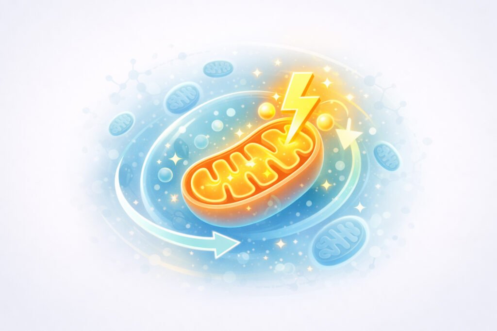 Illustration of a mitochondrion producing energy representing cellular energy production and fatigue reduction