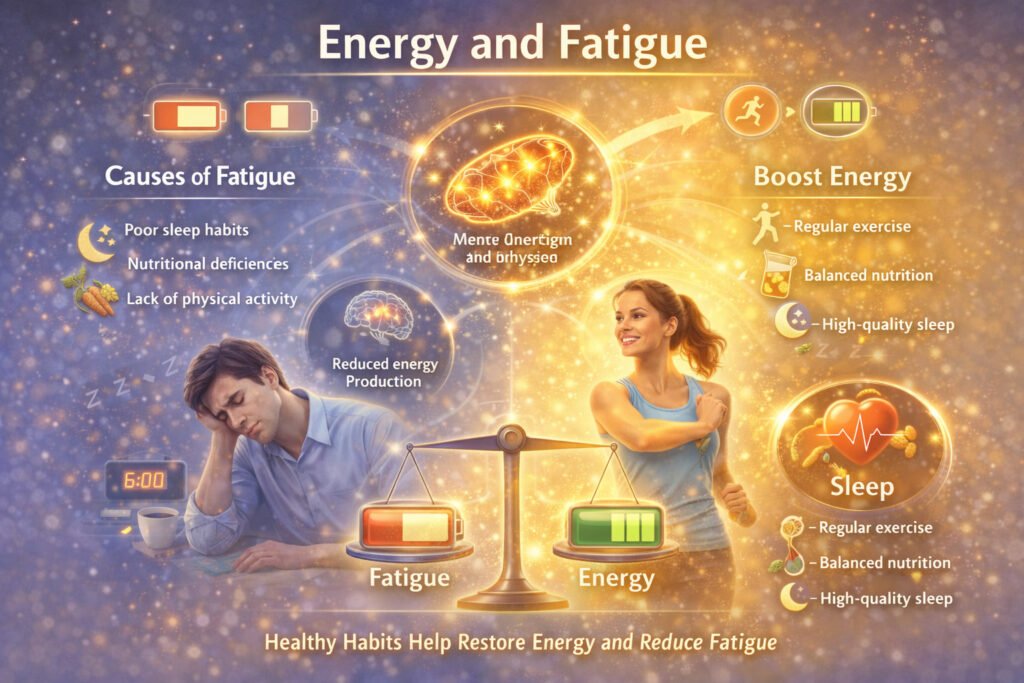 Common causes of fatigue such as poor sleep, nutritional deficiencies, and lack of physical activity affecting energy levels