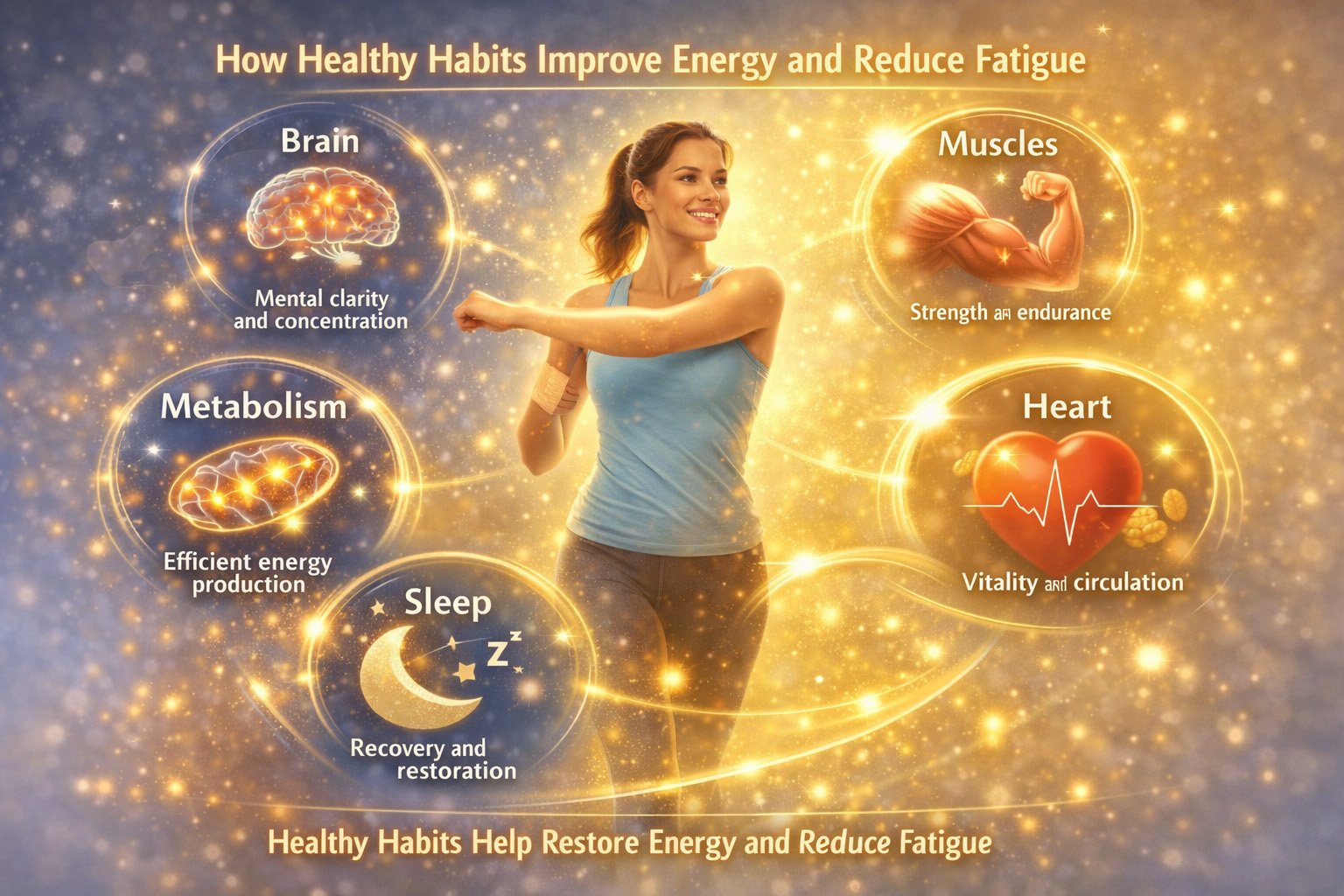 Healthy habits that help restore energy and reduce fatigue, including exercise, sleep, balanced nutrition, and heart health