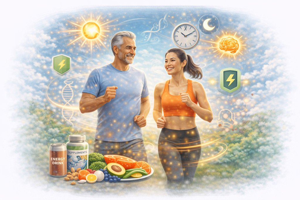 Energy levels concepts including physical activity, nutrition, and daily habits that support sustained energy and vitality
