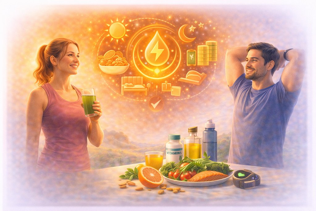Young adults improving their energy through healthy nutrition, hydration, sleep and lifestyle habits that support daily performance