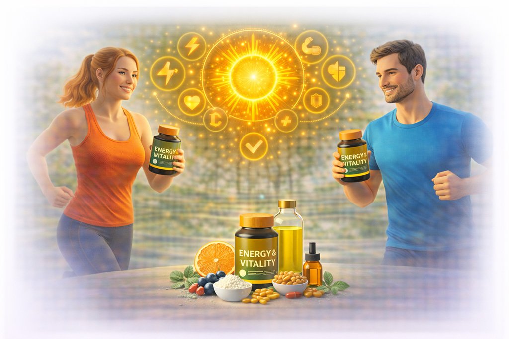 Active adults running while using energy and vitality supplements with nutrients that support stamina and daily energy levels