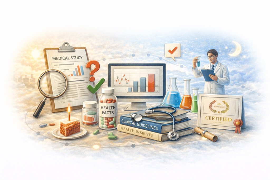 Illustration representing evidence-based health information including medical research, clinical guidelines, and scientific data analysis