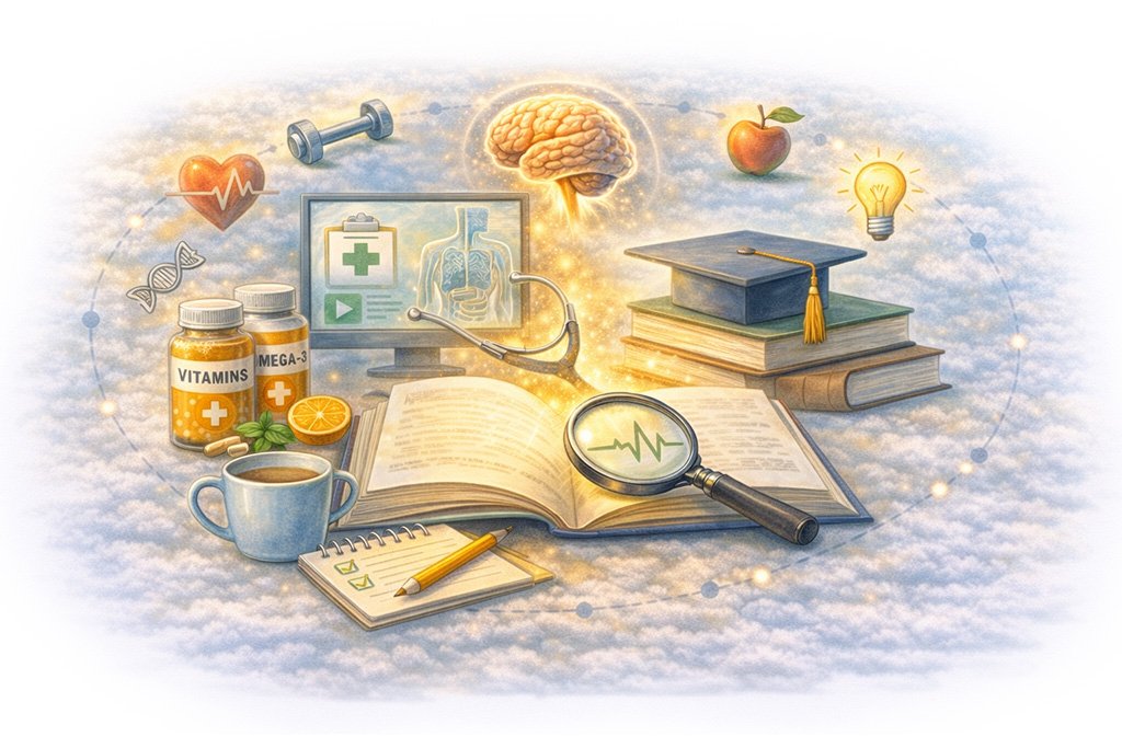 Illustration representing a collection of health topics, including medical knowledge, prevention, nutrition, and lifestyle education
