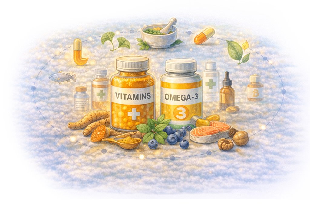 Illustration representing dietary supplements and nutritional products, including vitamins, minerals, and natural health support options