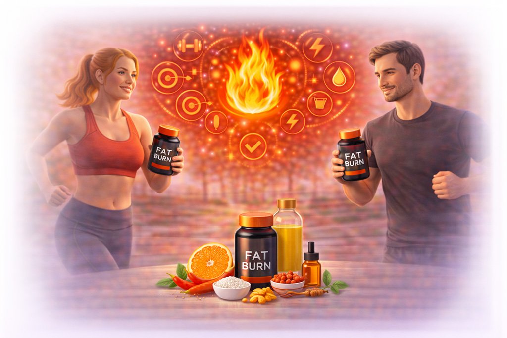 Active adults running while using fat burning supplements with ingredients that support thermogenesis and energy metabolism