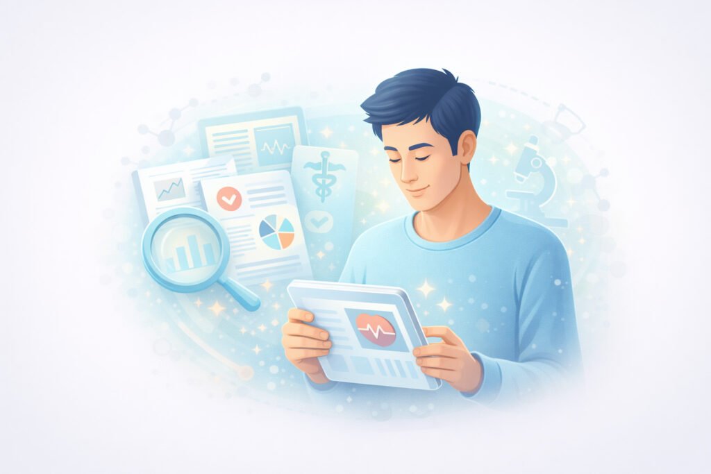 Illustration of a person reading health articles with icons representing research, wellness tips, and health information