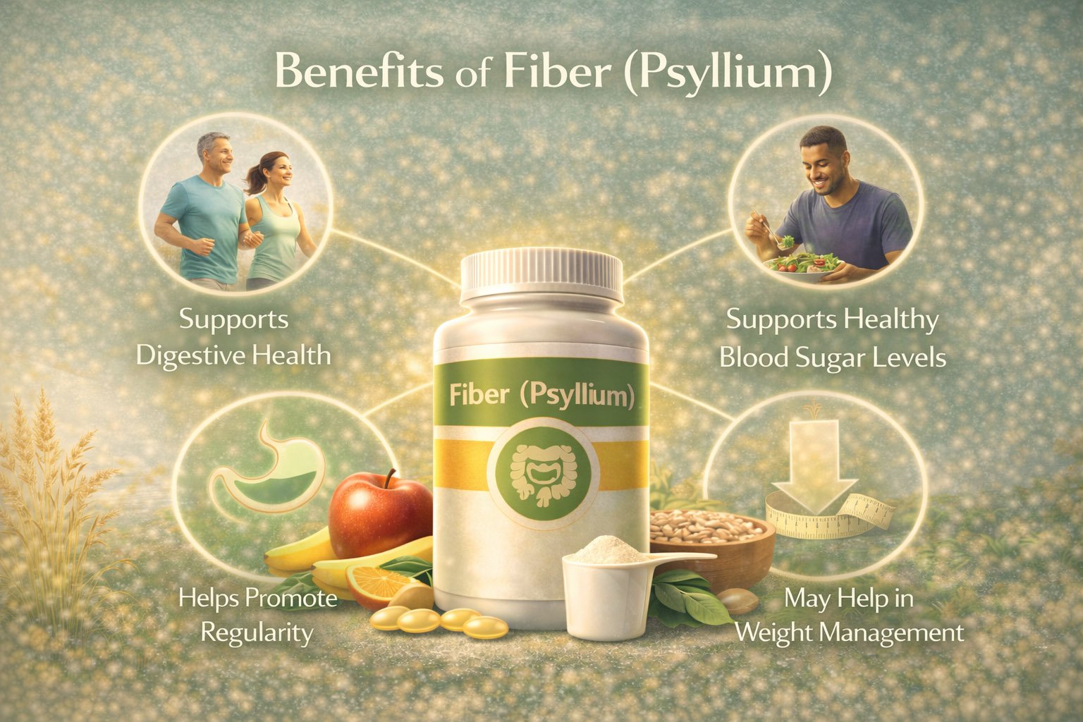 Infographic showing key benefits of psyllium fiber including digestive regularity, gut health support, cholesterol management, and blood sugar control