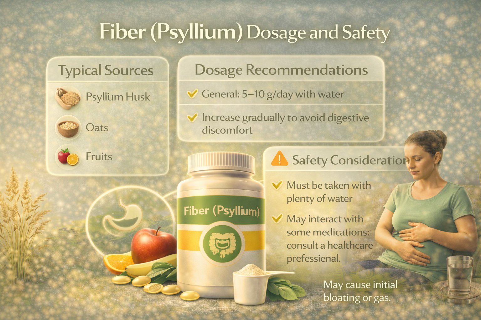 Infographic showing psyllium fiber dosage recommendations, safety guidelines, and proper supplement use for digestive and metabolic health