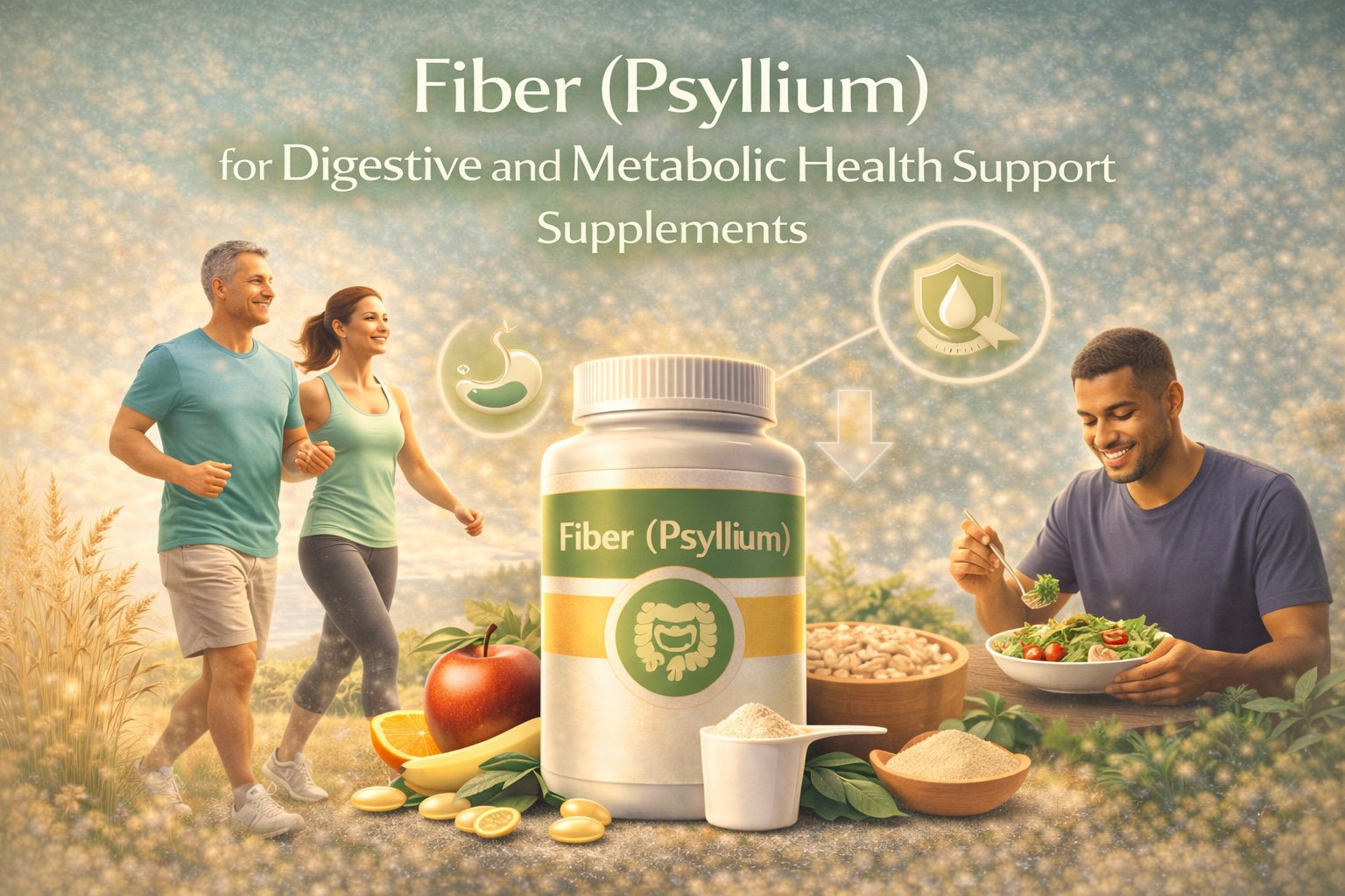 Psyllium fiber supplement infographic showing benefits for digestive health, gut regularity, cholesterol support, and metabolic wellness