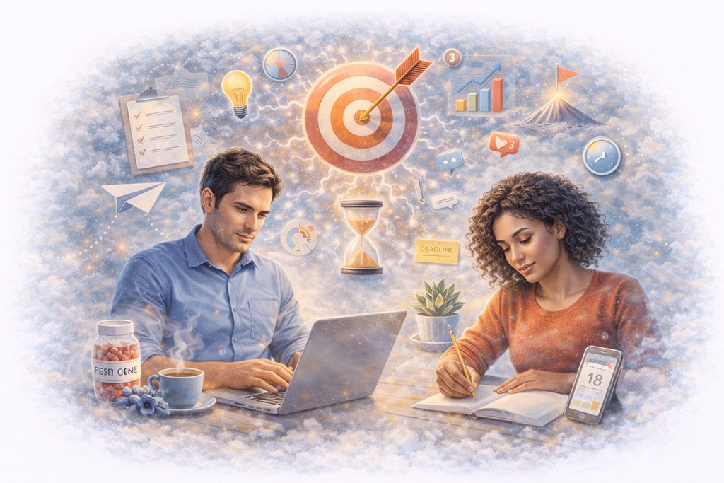 Focus and productivity concepts including concentration, goal setting, and daily performance habits