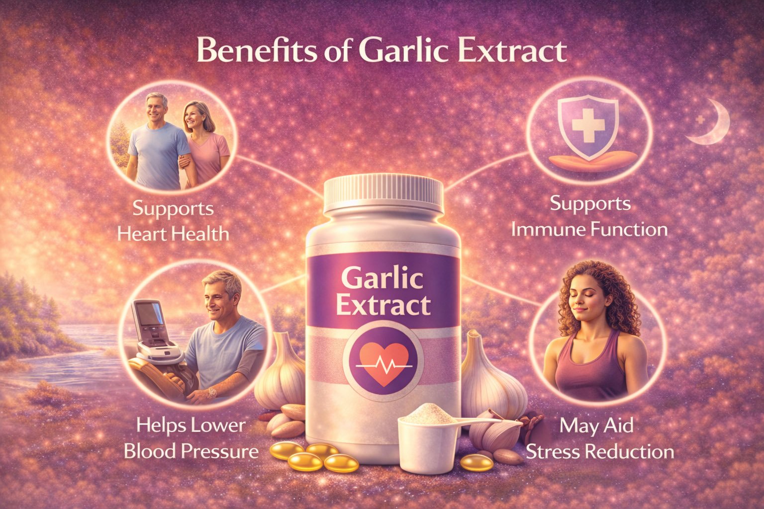 Infographic showing key benefits of garlic extract including heart health support, blood pressure regulation, cholesterol balance, and immune system function