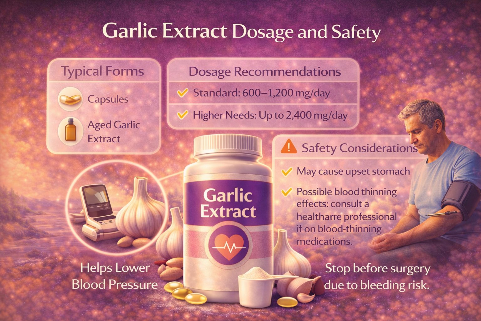 Infographic showing garlic extract dosage recommendations, safety guidelines, and proper supplement use for cardiovascular and immune health support