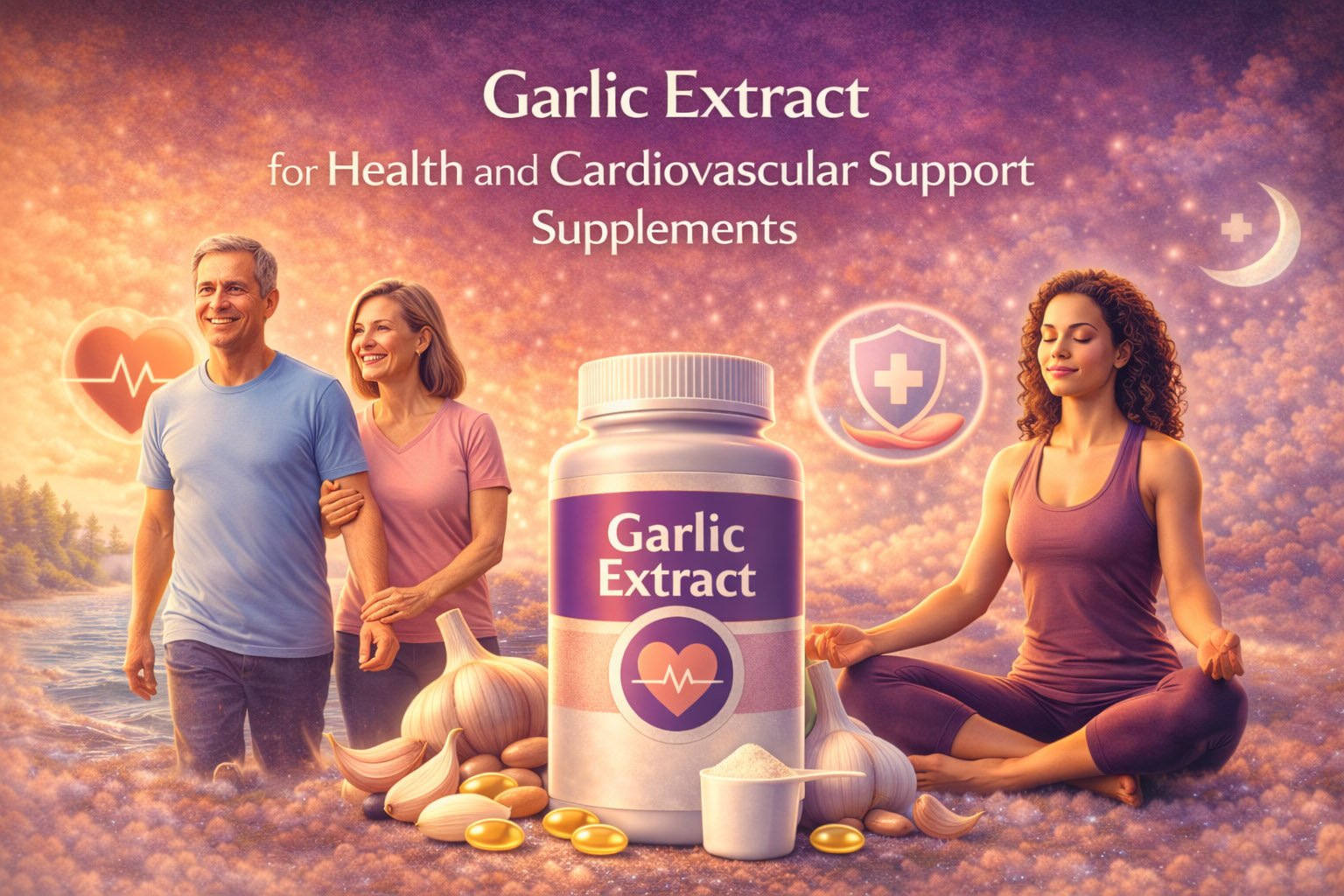 Garlic extract supplement infographic showing benefits for heart health, blood pressure support, cholesterol balance, and immune system function